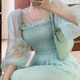 Đầm maxi tiểu thư dáng dài thanh lịch cổ vuông tay dài