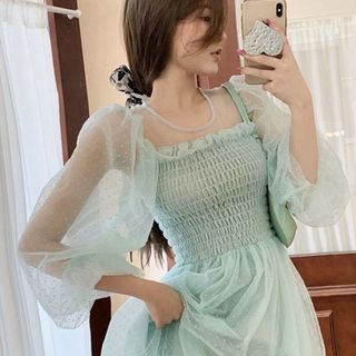 Đầm maxi tiểu thư dáng dài thanh lịch cổ vuông tay dài