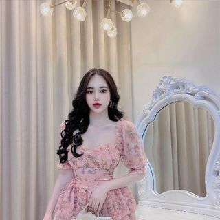 Đầm nữ dáng xòe cổ vuông bay bồng hai tầng sang chảnh