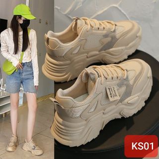 Giày thể thao nữ đế độn chất da mềm phối vải lưới thoáng khí KS01