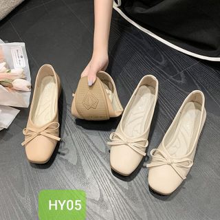 Giày búp bê đế bệt mũi vuông da mềm đính nơ