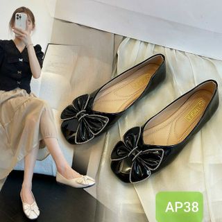 Giày búp bê nữ mũi vuông đế thấp da bóng đính nơ AP0038