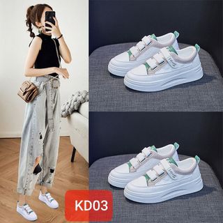 Giày thể thao nữ quai dán màu trắng phối màu xinh xắn KS03