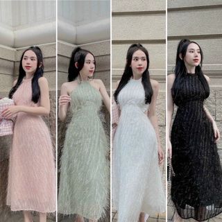 Đầm nữ dự tiệc cổ yếm hở lưng sexy FREESHIPváy nữ dáng dài lông vũ sang chảnh