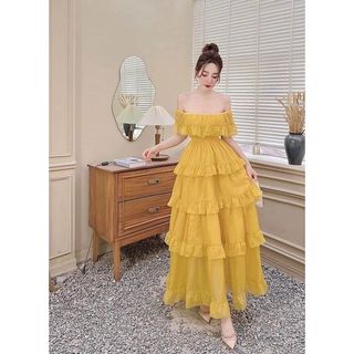 Đầm maxi trễ vai bèo tầng FREESHIPváy nữ dáng xòe hở vai tiểu thư đi biển