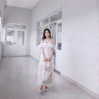 Đầm maxi trễ vai bèo tầng FREESHIPváy nữ dáng xòe hở vai tiểu thư đi biển