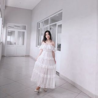 Đầm maxi trễ vai bèo tầng FREESHIPváy nữ dáng xòe hở vai tiểu thư đi biển