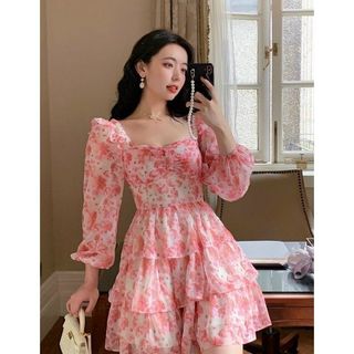Đầm hoa tay dài tiểu thư FREESHIPváy hoa nhí dáng xòe cổ điển kèm mút ngực