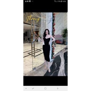 Đầm nhung dự tiệc 2 dây xẻ tà FREESHIPváy nữ sexy cúp ngực nhún eo