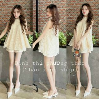 Set đồ nữ cổ yếm quần đùi dáng xòe FREESHIP vải ren năng động