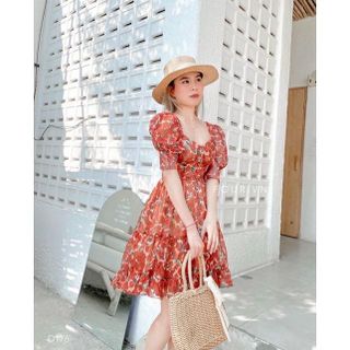 Đầm nữ dáng xòe hoa nhí tiểu thư tay bồng ngắn FREESHIPváy voan hoa dễ thương phối nút công chúa