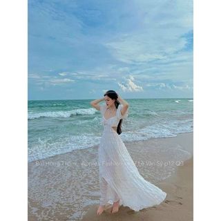 Đầm Maxi Cao Cấp Nữ Đi Biển cổ yếm cột dây FREESHIP Váy Đũi Xòe Hở Eo Bo Chun Tay Phồng Dáng Dài Bèo Vải Đũi Xốp