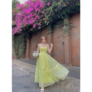 Đầm maxi đi biển 2 dây dáng xòe FREESHIPváy nữ dáng dài voan 2 lớp nhún bèo sexy dễ thương công chúa