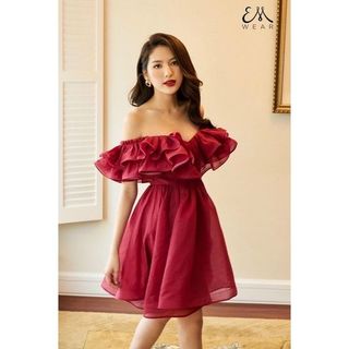 Đầm nữ dáng xòe trễ vai bèo nhún dễ thươngFREESHIPđầm công chúa lụa mềm chữ A