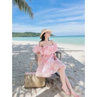 Đầm nữ dáng xòe trễ vai bèo ngực FREESHIPváy nữ hoa đi biển du lịch sexy nhún bèo