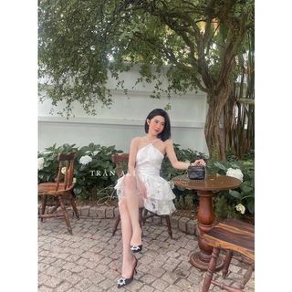 Đầm yếm dáng xòe 2 tầng ren FREESHIP váy nữ cổ yếm sexy màu trắng
