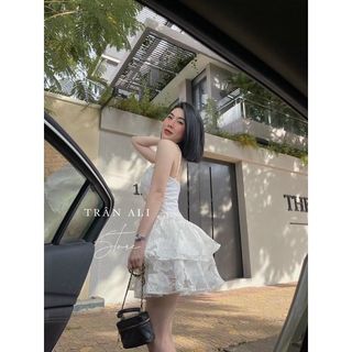 Đầm yếm dáng xòe 2 tầng ren FREESHIP váy nữ cổ yếm sexy màu trắng