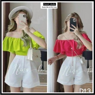 Set đồ nữ 2 món áo croptop trễ vai nhún bèo kèm quần đùi trắng FREESHIPset đồ đi biển sexy dễ thương giá sỉ