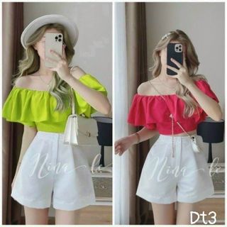 Set đồ nữ 2 món áo croptop trễ vai nhún bèo kèm quần đùi trắng FREESHIPset đồ đi biển sexy dễ thương