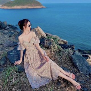 Đầm maxi nữ 2 dây đi biển hoa nhí trễ vaiFREESHIPđầm nữ dáng dài tiểu thư hoa xinh kèm mút ngực