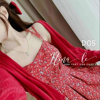 Set 2 món đầm nữ dáng xòe 2 dây hoa nhí kèm áo khoác ngoài