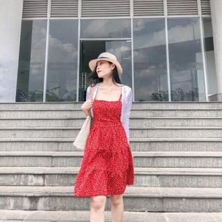 Set 2 món đầm nữ dáng xòe 2 dây hoa nhí kèm áo khoác ngoài