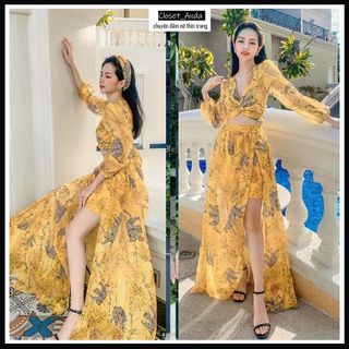Đầm maxi đi biển xẻ tà nơ ngựcFREESHIPđầm nữ vải voan tay dài sexy