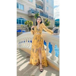 Đầm maxi đi biển xẻ tà nơ ngựcFREESHIPđầm nữ vải voan tay dài sexy