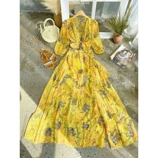 Đầm maxi đi biển xẻ tà nơ ngựcFREESHIPđầm nữ vải voan tay dài sexy