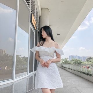 Váy body nữ trễ vai đi tiệc FREESHIPđầm chữ A bèo tơ gấm hoa sang chảnh sexy