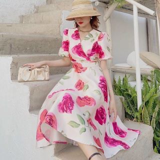 Đầm nữ dáng dài hoa chéo ngực có tay ngắn thanh lịch FREESHIPđầm nữ dáng dài hoa nhí du lịch đi biển sang trọng