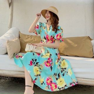 Đầm nữ dáng dài hoa chéo ngực có tay ngắn thanh lịch FREESHIPđầm nữ dáng dài hoa nhí du lịch đi biển sang trọng
