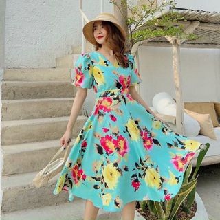 Đầm nữ dáng dài hoa chéo ngực có tay ngắn thanh lịch FREESHIPđầm nữ dáng dài hoa nhí du lịch đi biển sang trọng