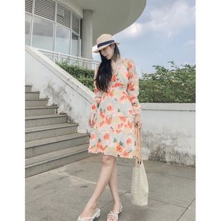 Đầm nữ dáng xòe hoa nhí tay dài hở lưng FREESHIPváy đi biển du lịch cổ chữ V khoét ngực hở eo nhún bèo