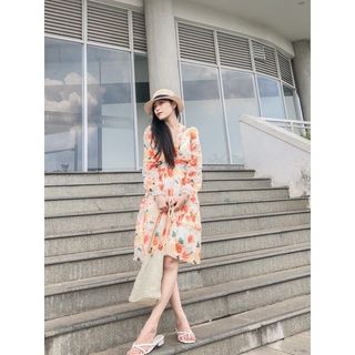 Đầm nữ dáng xòe hoa nhí tay dài hở lưng FREESHIPváy đi biển du lịch cổ chữ V khoét ngực hở eo nhún bèo