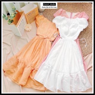 Đầm maxi đi biển tay bồng 2 lớp vitage ẢNH THẬTváy nữ dáng dài ngắn tay cổ V thắt dây eo