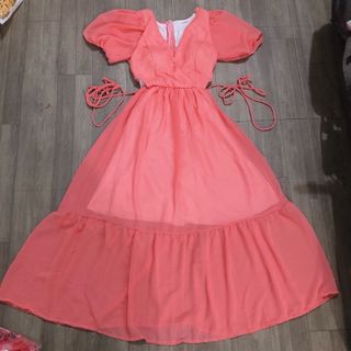 Đầm maxi đi biển tay bồng 2 lớp vitage ẢNH THẬTváy nữ dáng dài ngắn tay cổ V thắt dây eo