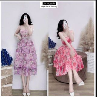 Đầm maxi đi biển 2 dây hoa nhí tầng phồng FREESHIPváy nữ xòe tầng dáng dài cup ngực kèm mút sexy quyến rũ giá sỉ