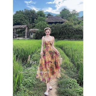Đầm maxi đi biển 2 dây hoa nhí kèm mút ngực FREESHIP váy nữ dáng dài cup ngực sexy đi du lịch