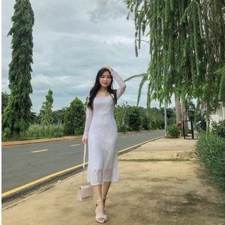 Đầm body nữ mHÌNH THẬT dự tiệc tay dài cổ vuông kèm hoa ngực chất liệu vải ren cao cấp