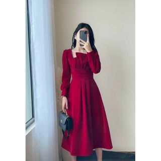 Đầm nữ dáng xòe ️HÌNH THẬT️ đầm dự tiệc đầm tiểu thư ️ tay dài ngực xếp ly cổ vuông