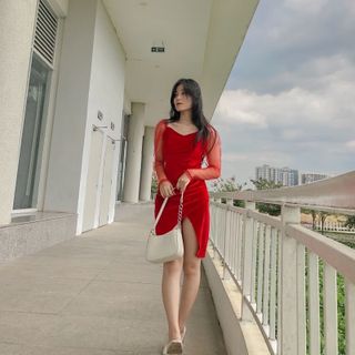 ĐẦM BODY NỮ DÀI TAY XẺ TÀ NHÚN EO FREESHIP ĐẦM NHUNG TAY LƯỚI DỰ TIỆC TIỂU THƯ