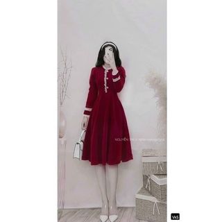 ĐẦM NỮ DÁNG XÒE TAY DÀI PHỐI REN TIỂU THƯ SANG TRỌNG ĐẦM MẶC TẾT DỰ TIỆC ĐEN ĐỎ