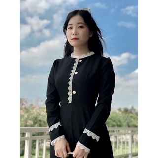ĐẦM NỮ DÁNG XÒE TAY DÀI PHỐI REN TIỂU THƯ SANG TRỌNG ĐẦM MẶC TẾT DỰ TIỆC ĐEN ĐỎ