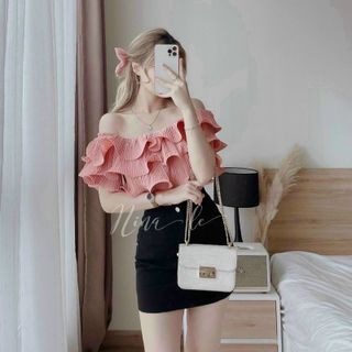 Set đồ nữ áo trễ vai kèm chân váy chữ A FREESHIP set bộ áo bèo nhún dễ thương