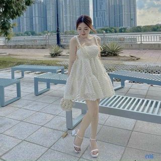 Đầm nữ dáng xòe hở lưng nơ lưng FREESHIP váy 2 dây tiểu thư hạt xốp dễ thương