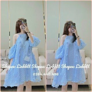 Đầm babydoll trễ vai FREESHIP váy xòe suông cổ yếm dễ thương