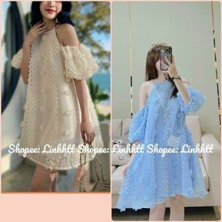 Đầm babydoll trễ vai FREESHIP váy xòe suông cổ yếm dễ thương