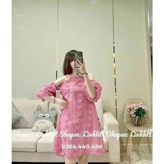 Đầm babydoll trễ vai FREESHIP váy xòe suông cổ yếm dễ thương
