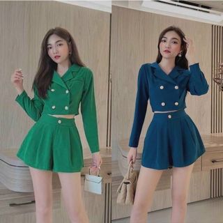 Set đồ nữ áo vest tay dài croptop kèm quần đùi FREESHIP áo sơ mi nút tiểu thư quần short giá sỉ